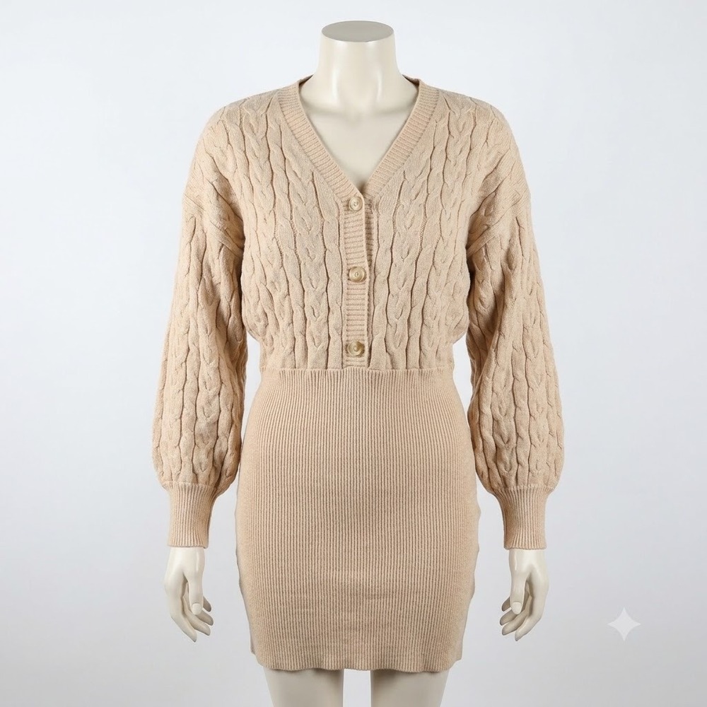 Double Zero Beige Cable Knit Cardigan Sweater Dress V-Neck Balloon Sleeve L